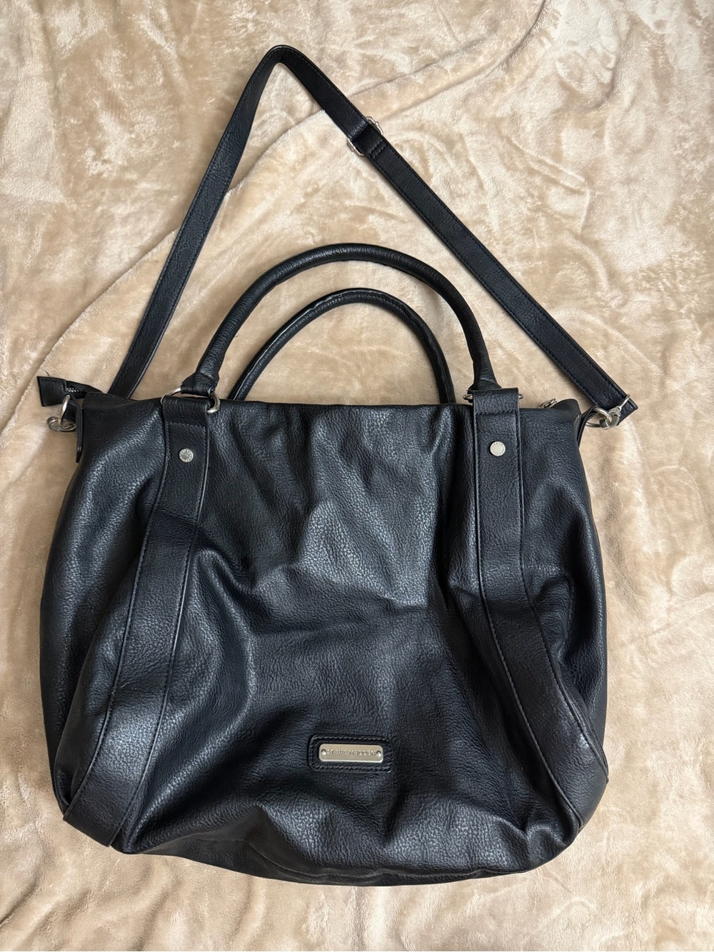 Steve Madden Black Pebbled Leather Shoulder Tote with Removable Strap